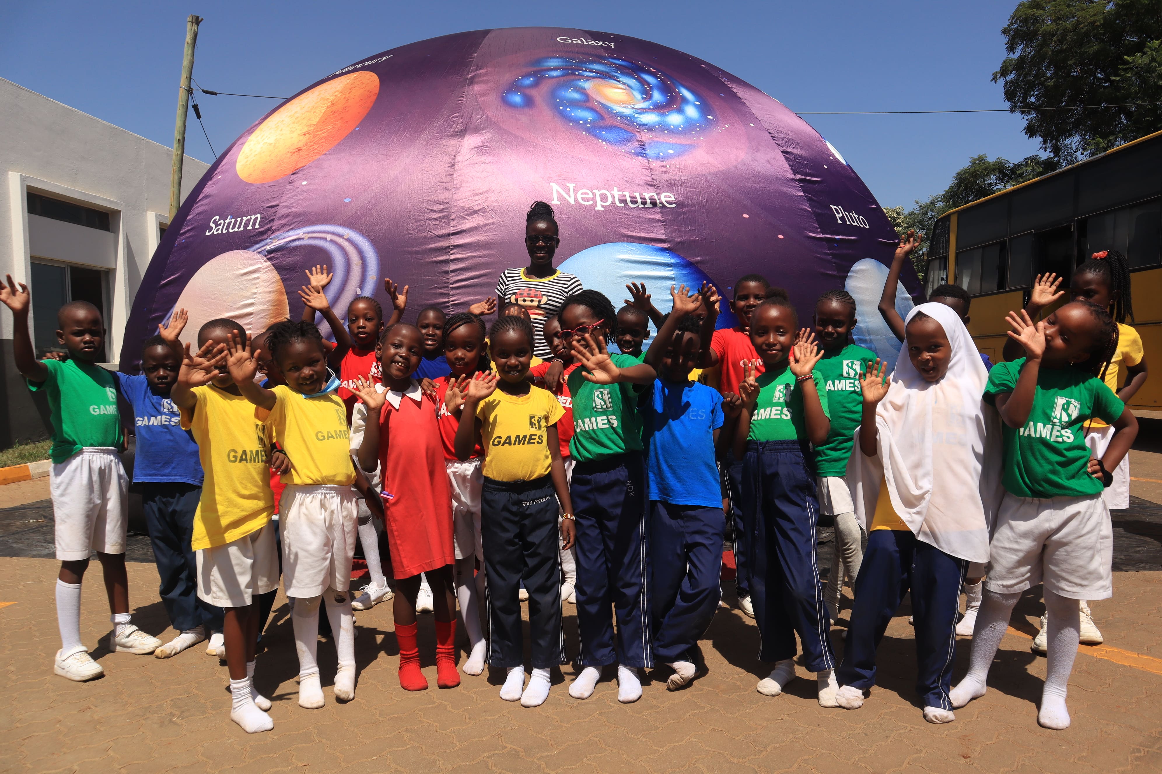Students inside the mobile planetarium experience